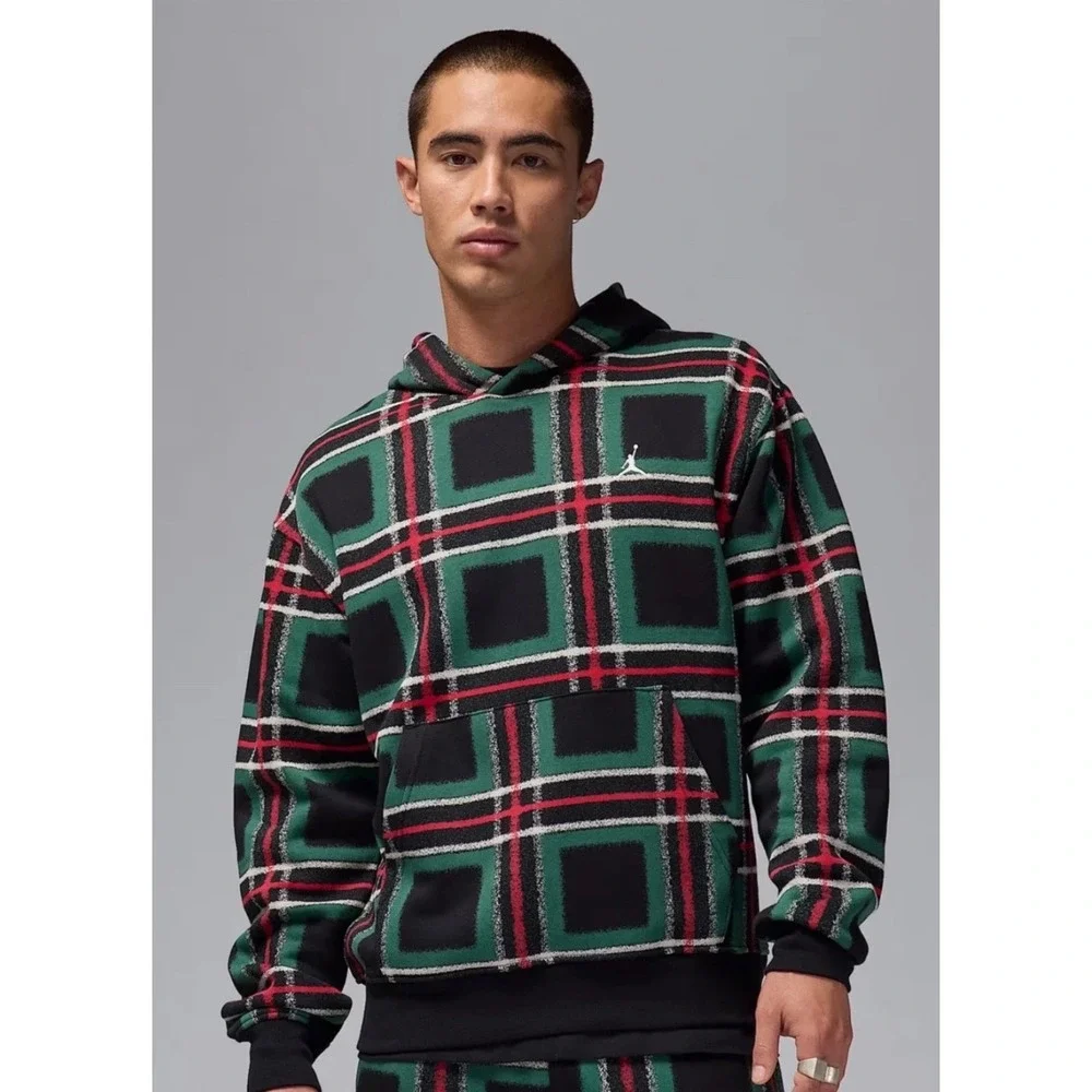 New NIKE Jordan‎ Essentials Green Red Plaid Fleece Pullover Hoodie Men's XXL